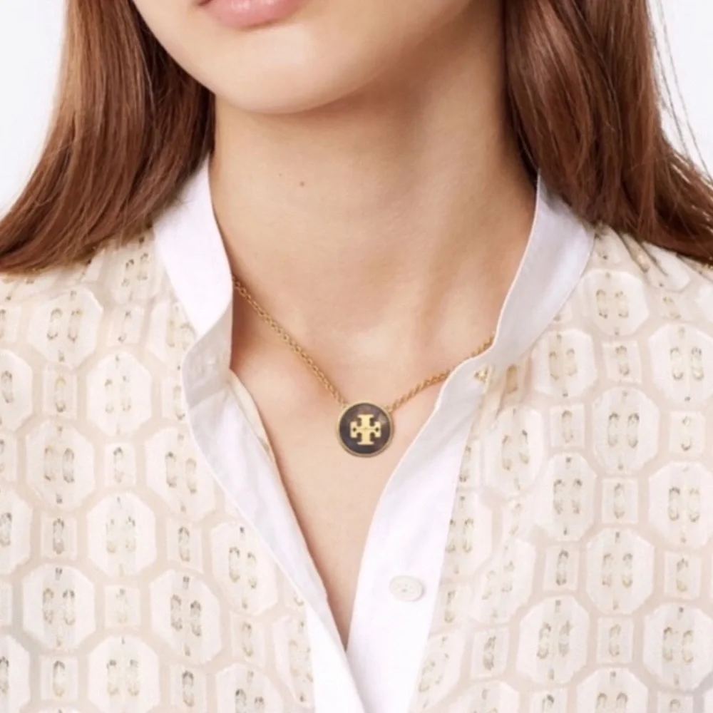 Final sale Tory Burch vintage gold purple semiprecious stone logo necklace - Picture 3 of 7